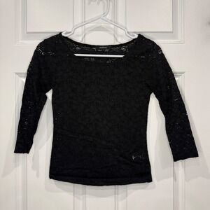 Ambiance Black Floral Lace Scoop Neck 3/4 Sleeve Top Size Small